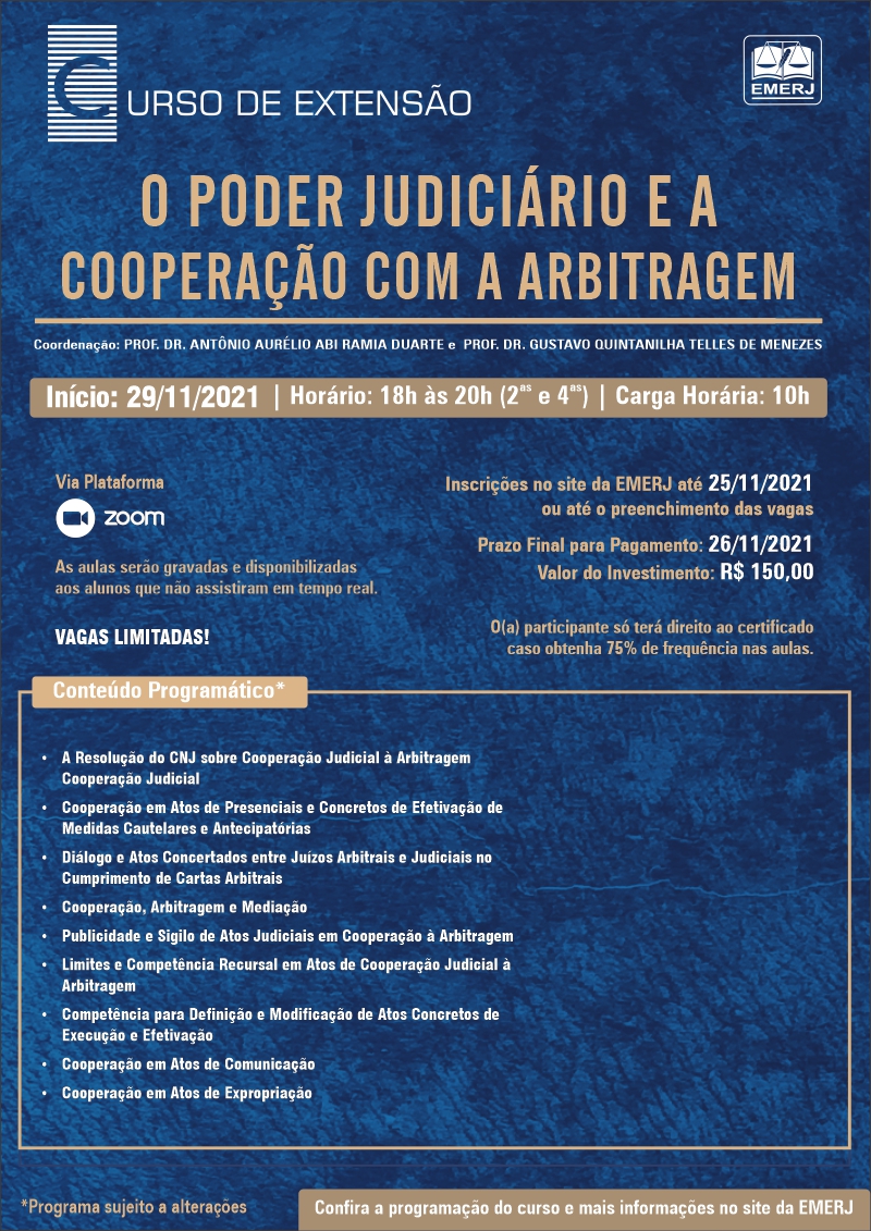 cartaz do Curso de Extensão O Poder Judiciário E A Cooperação Com A Arbitragem