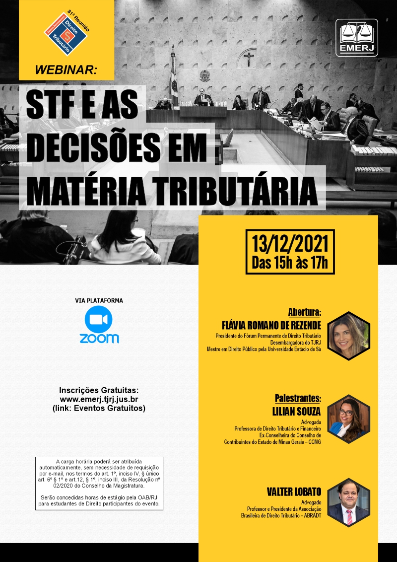cartaz do webinar STF E AS DECISÕES EM MATÉRIA TRIBUTÁRIA